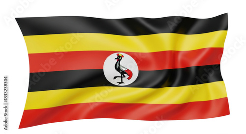 Free Download Waving national flag with horizontal black, yellow, and red stripes featuring a central white disc with a grey crowned crane emblem, rendered with a realistic silky fabric texture - GFXLoad