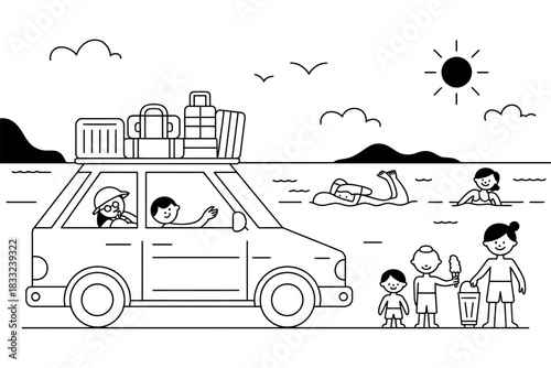 Illustration of a car with luggage on top near people swimming and children on beach