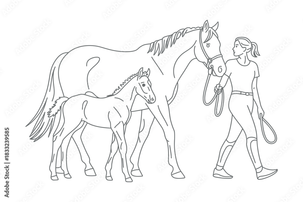 Obraz premium Line drawing of a woman leading a horse and foal with reins on a white background