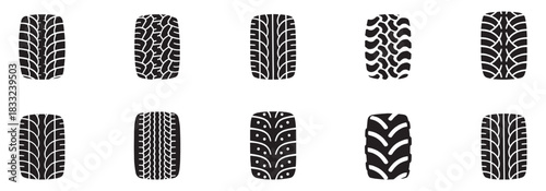 Car tire tracks vector, icon design. Tire tracks, rubber wheels, and braking marks. Truck, car, tread pattern silhouettes. Perfect for auto racing, speed-related designs. Vector Illustration. EPS 10