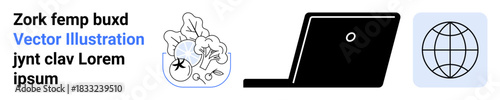 Global communication, internet, technology, data sharing, business networking, digital tools. A laptop, globe and abstract gear network. Global communication and internet concepts