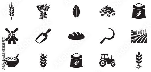 Grains icon set. Cereal grain related icons. Wheat icon set. Vector Illustration. EPS 10