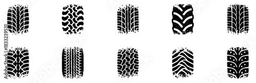 Car tire tracks vector, icon design. Tire tracks, rubber wheels, and braking marks. Truck, car, tread pattern silhouettes. Perfect for auto racing, speed-related designs. Vector Illustration. EPS 10