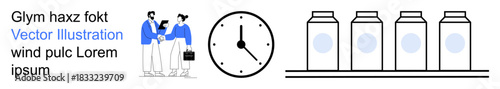 Business collaboration, time management, productivity tracking, workplace efficiency, manufacturing, inventory organization. Two people interacting, clock s time, and bottles highlight inventory