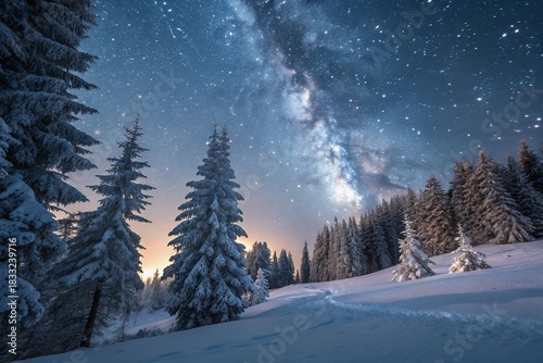 Dramatic wintry scene with snowy trees and milky way in night sky. 