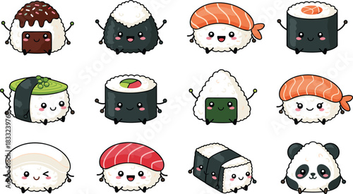 Cute kawaii sushi characters collection with adorable expressions, cartoon Japanese food icons including nigiri rolls maki and onigiri illustration set