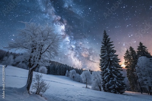Dramatic wintry scene with snowy trees and milky way in night sky. 