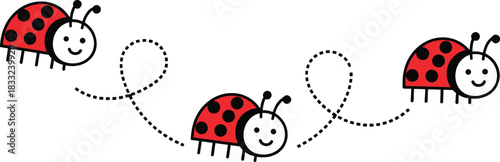 Cute smiling ladybug illustration with flying dotted trail, adorable red cartoon beetles, playful insect design for children, stickers, and decoration