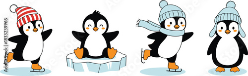 Cute winter penguin characters skating on ice, wearing hats and scarves, adorable cartoon illustration set for Christmas, holiday, seasonal artwork