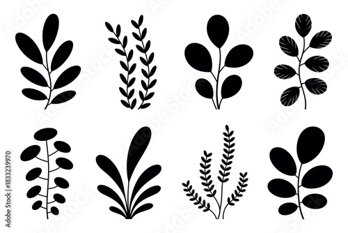 Illustration of eight different stylized black plant silhouettes