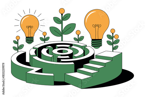 Illustration of a maze with lightbulbs plants and a staircase