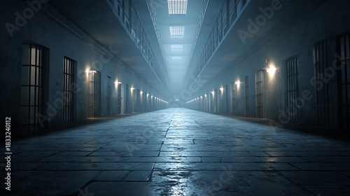 Mysterious dimly lit prison corridor with barred doors and fog
