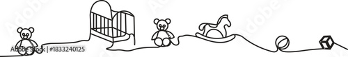 Continuous line art creating a baby crib and floor toys.