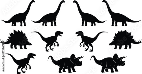 Dinosaur silhouette set featuring various prehistoric species including T-Rex, Triceratops, Stegosaurus, and Sauropods for educational, graphic design and illustration projects