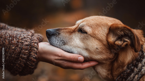 Dog enjoys gentle affection from a person in a cozy setting