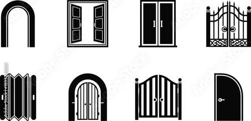 Door and gate icon set featuring arched doors, folding doors, open windows, decorative gates, modern entryways, architectural elements, and home design