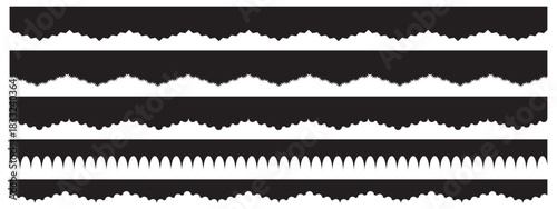 Scalloped edge seamless set. borders and dividers. Simple scalloped border. Repeat cute vintage frill ornament. Texture ribbons. stripe,tape collection isolated on white background.scallop