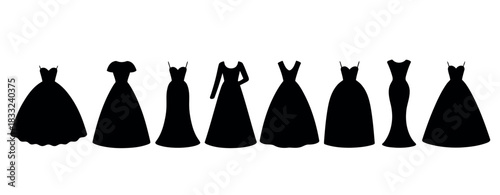 A collection of elegant black silhouette dresses is displayed against a white background, showcasing various styles and silhouettes of formal gowns.