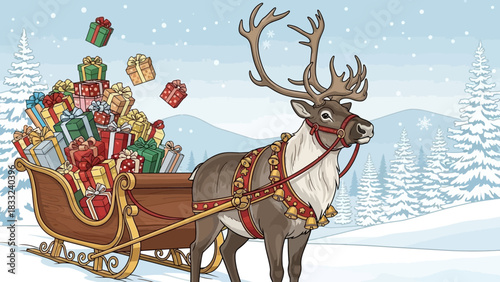 Enchanting reindeer pulling a sleigh full of colorful Christmas gifts through a snowy winter wonderland, spreading holiday cheer and festive joy