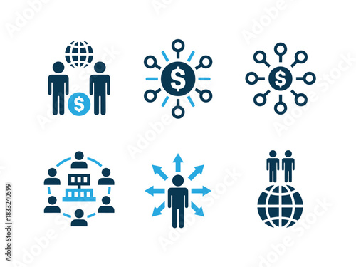 A collection of conceptual icons representing global finance, business networking, and organizational structures.