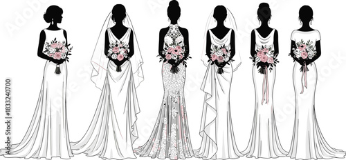 Elegant bridal fashion illustration set, wedding dresses and bouquets artwork, stylish bride silhouettes, modern gown design collection for ceremony