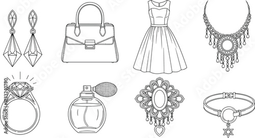 Elegant fashion accessories line art illustration featuring jewelry, handbag, dress, perfume bottle, diamond ring, earrings and bracelet, black and white