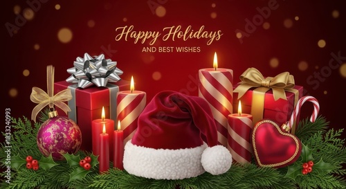 Festive holiday arrangement with santa hat, glowing candles, gift box, ornament, and pine branch against dark red background