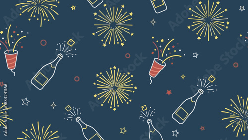 Festive background design featuring fireworks, champagne bottles, and party crackers.