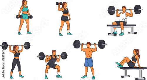 Fitness workout exercise illustration set with men and women lifting weights, barbell training poses, dumbbell and bench exercises for gym design