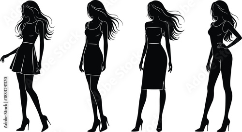 Elegant female fashion silhouettes in various stylish poses and outfits, showcasing modern woman figure illustration for design, beauty and apparel concepts