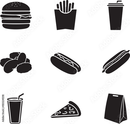 Assortment of black fast food icons featuring a burger fries drinks pizza hot dogs and a takeout bag