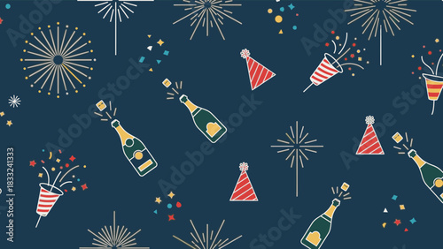 Festive pattern with champagne bottles popping, party hats, fireworks, and confetti against a dark blue background.