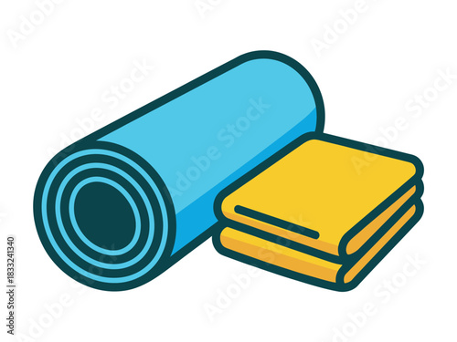 A rolled-up blue yoga mat lies next to a stack of folded yellow towels, symbolizing fitness and wellness.