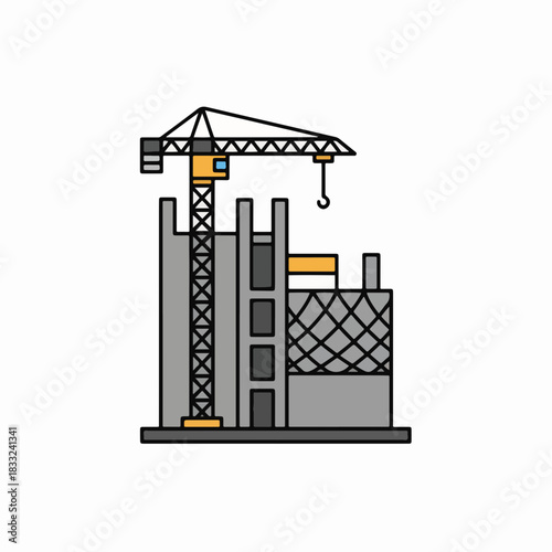 Building under construction with a large tower crane at a construction site.
