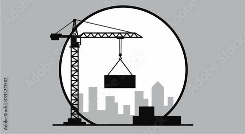 Monochrome vector silhouette of a construction tower crane lifting a heavy load.