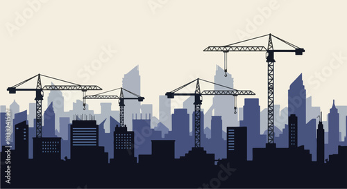 Silhouette of construction cranes building a modern city skyline.