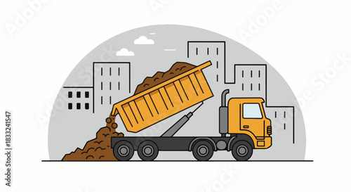 Yellow Dump Truck Discharging Soil on Construction Site.