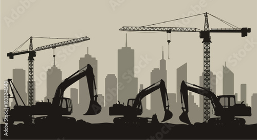 Silhouettes of heavy construction machinery with excavators and cranes.