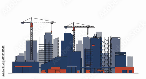 Urban development scene with skyscrapers under construction and tower cranes.