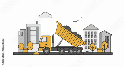 Yellow dump truck unloading construction debris on a city street.