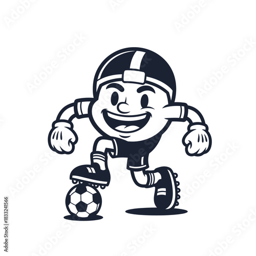 Black and white cartoon mascot character playing soccer, dribbling a ball with a big smile.