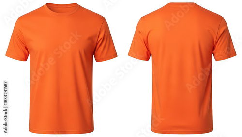 Two orange t shirts front and back view isolated on transparent background