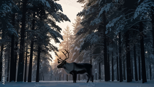 Majestic reindeer standing tall in a snowy winter forest at sunset, creating a serene and magical Christmas holiday mood with beautiful light