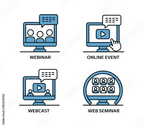 Illustration of four different online event icons including webinar, webcast, and web seminar for digital communication concepts.