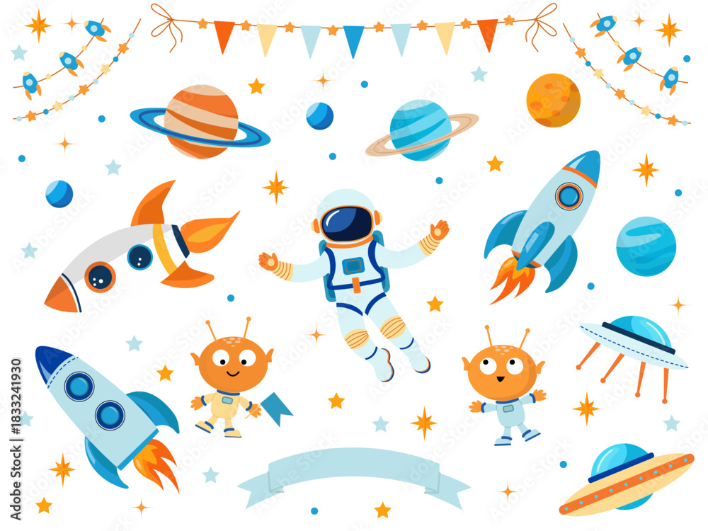 Obraz premium A bright set with space elements for decorating a children's party with an astronaut, planets, and rockets.