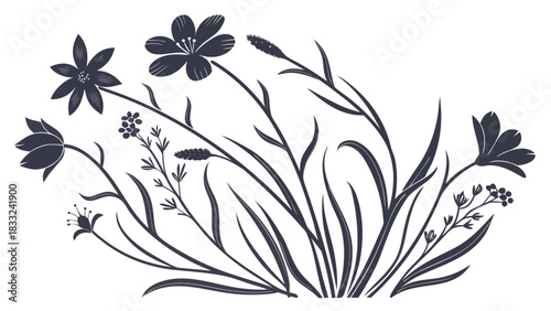 Silhouette illustration of various flowers and grasses in a botanical arrangement design