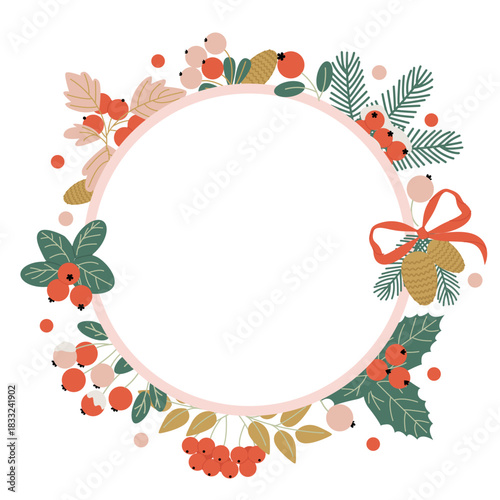 Christmas round frame with winter plants in the background with a Christmas tree, berries, and ribbons