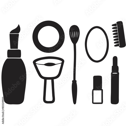 Illustration of beauty and personal care items including bottles and applicators in black and white