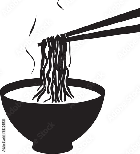 Black and white illustration of steaming noodles being lifted from a bowl with chopsticks vector