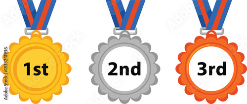 Gold silver and bronze medal set with ribbons showing first second and third place awards for competition achievement and sports victory illustration